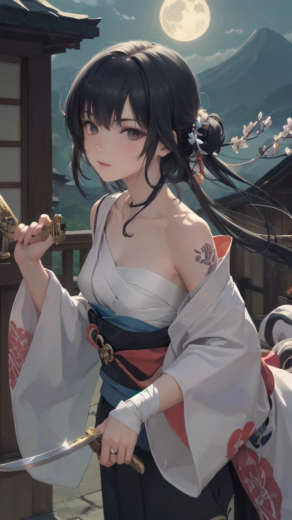 (((((roll up bandage sideways on a  chest tightly to cover the chest without gaps))))),  (((bandage samweways))),, ((Japanese Gangster BOSS)), adult woman with the dignified presence, Killing Qi, wear nothing around shoulder, wear nothing around neck, wear the kimono, wear it below the waist, (I wind it up to control it, and to attach it),  ((kimono come off)) ,wear the kimono multiple times, Bare shoulders and the clavicle, black and gold kimono, put on over jacket of kimono, (holding a japanese sword which shine in purple, The handle of the sword is black, and the blade is gray, long sword), eye fire, low angle, whole body, anime character, Glaring, off sholder, nappropriate smile, Excellent, black blue hair, can see both shoulder, ((long kimono hem)), small face, ((some cherry blossam big tattoo on the arm)), ((background Japanese gate with circlr mark)),muscular,drink sake,fullmoon in the sky, The kimono is spreading,(((ultra-detailed))),super beautiful,Masterpiece,Killing Qi,Intimidation,zoom up, a person,Selfish person,in japanese veranda,Increased Shading