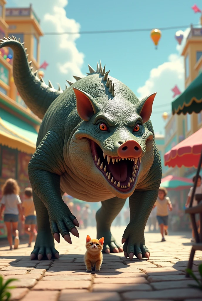 Realistic image of a mythological animal with a pig's body with the tail and head of an alligator standing on two feet is crossing a public square with games for children in a stalking position chasing a cat