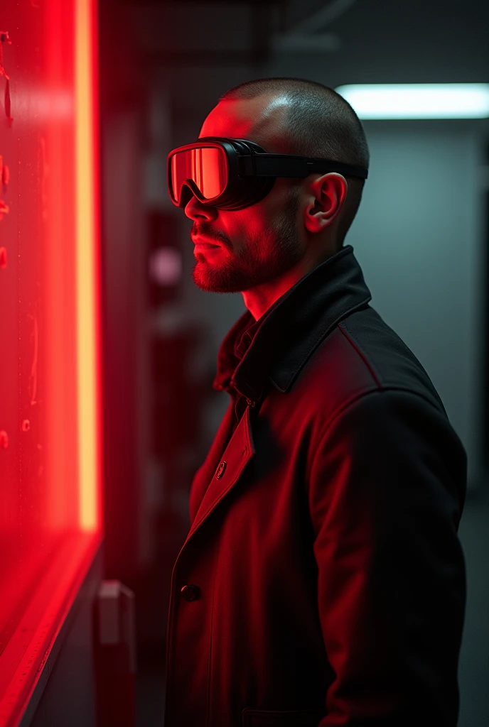 A man wearing simple coat and simple goggles, head straight watching in left corner and red light following on his face. He should be clean shave