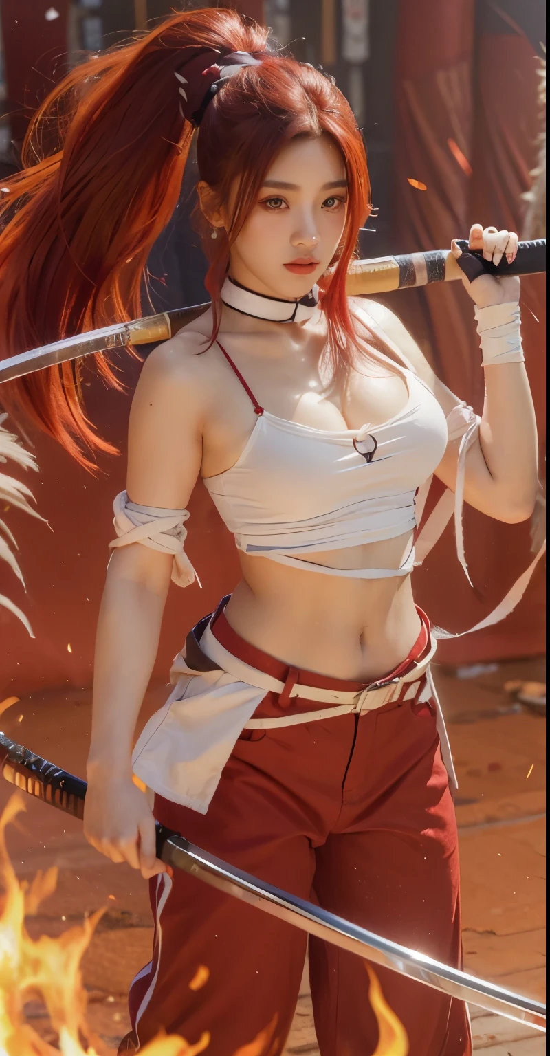 A  girl with scarlet hair, holding two katana, with bandage on her chest, has red pants with yellow flame design