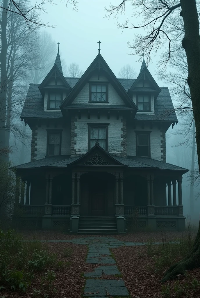 The cover shows an old Victorian mansion on the edge of a dark, thick forest.. The mansion, of imposing structure and worn by time, It is partially shrouded in thick fog, giving it a ghostly feel.. Broken windows and rusty doors suggest abandonment and desolation..