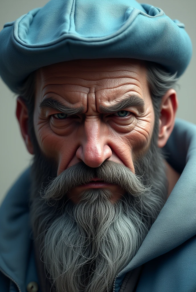 Drawing of a face of a bearded king with a light blue hat looking angry