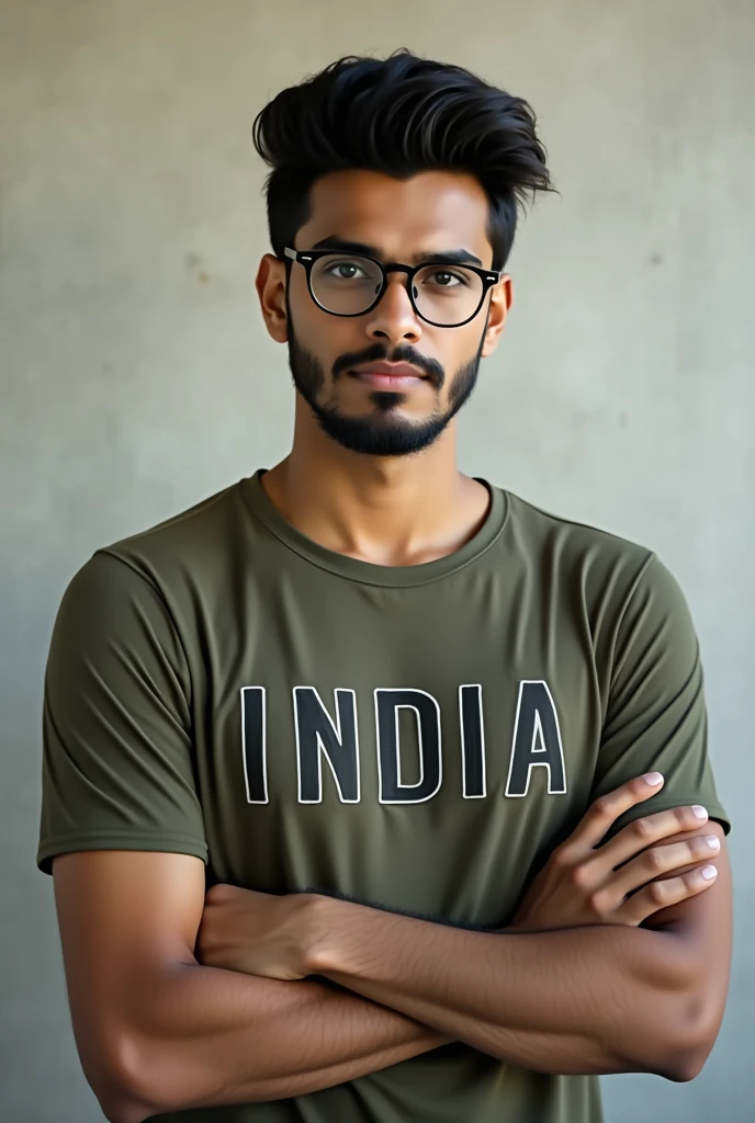 25 year old Indian guy looking good and handsome , skin colour fair and glasses on Eyes. No beard on face . Wearing army t shirt name "INDIA" . Portraits images for Instagram account