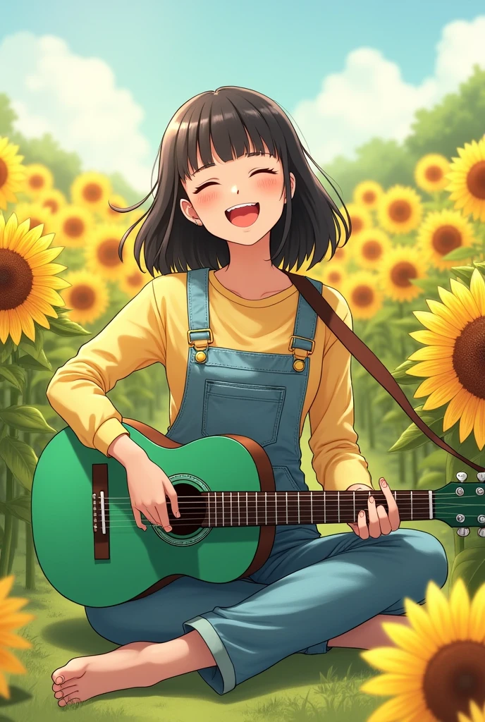 The location is a sunflower field under natural light. She is wearing overalls and has black hair with bangs.、Illustration of a girl with medium length hair。Please have her sit cross-legged, hold a green guitar and sing happily.。