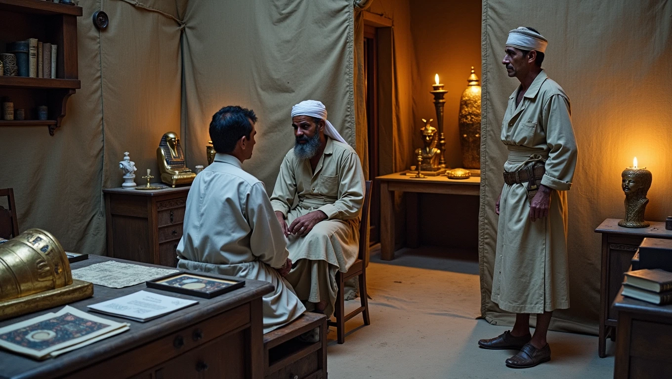 A cinematic scene capturing renowned archaeologist Howard Carter as he talks to an Egyptian worker from 1922, traditional Egyptian worker's clothing from the year 1922, they are inside a fabric tent, Archaeologist Carter wears archaeologist's clothes and is sitting at a table with ancient books and pictures of Egyptian pyramids. His face, etched with awe and reverence, reveals the amazement of discovering ancient Egyptian treasures. The background displays a tent filled with ancient golden Egyptian statues, Pharaoh Tutankhamun's gold sarcophagus, jewelry and other artifacts shining in the soft candlelight. The aged walls, marked by time, evoke a sense of history and mystery., photo, cinematography, architecture