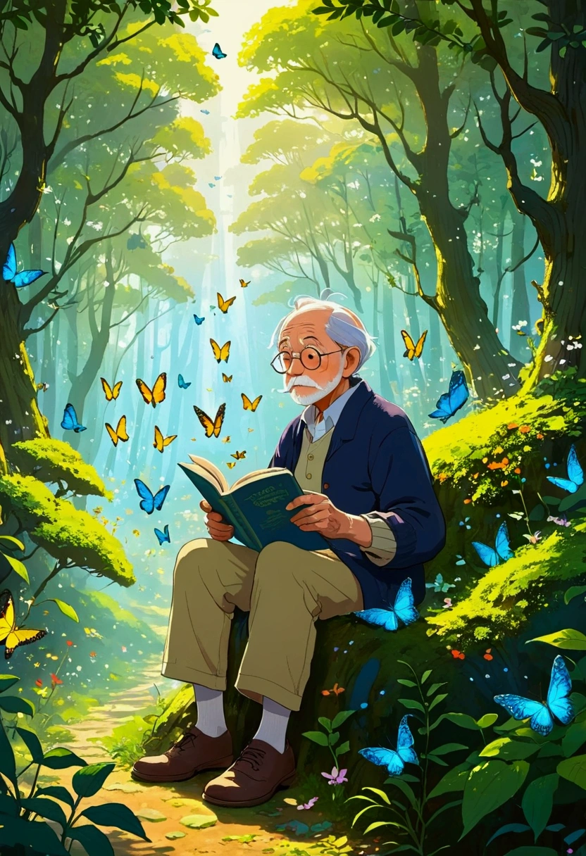 A man is reading in a forest full of butterflies, Character portraits inspired by Hayao Miyazaki, Pixiv competition winner, Magical Realism, William Joyce, Miyazaki style, Hayao Miyazaki, An old man with 7 yellow birds, Cyril Rolando 和 M. Vacaruta, Cyril Rolando 和 M.Vacaruta, Ghibli art style