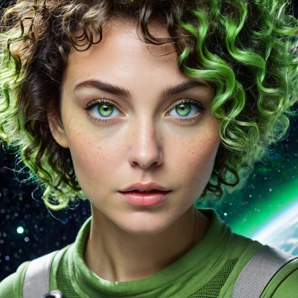 Man pushing planet from space, very big planet. Let her light green eyes and short curly hair appear up close