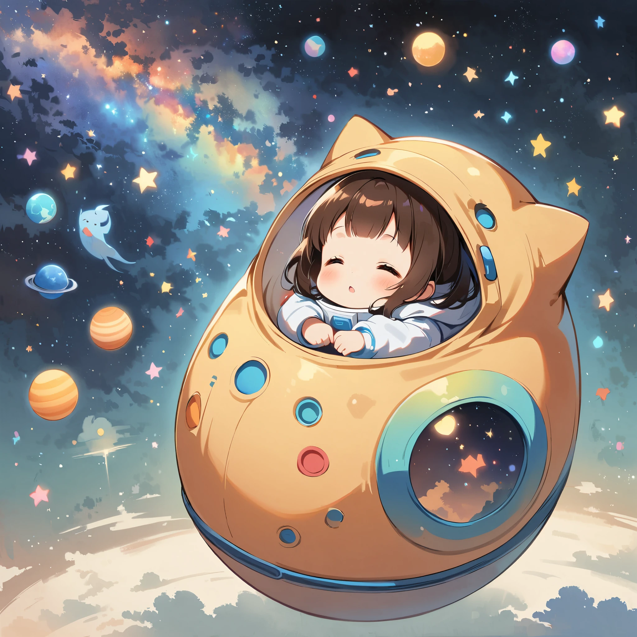 Baby Girl sit in spacesuit floating in space,brown hair, surrounded by the Milky Way, the universe , cutely.  with clothes