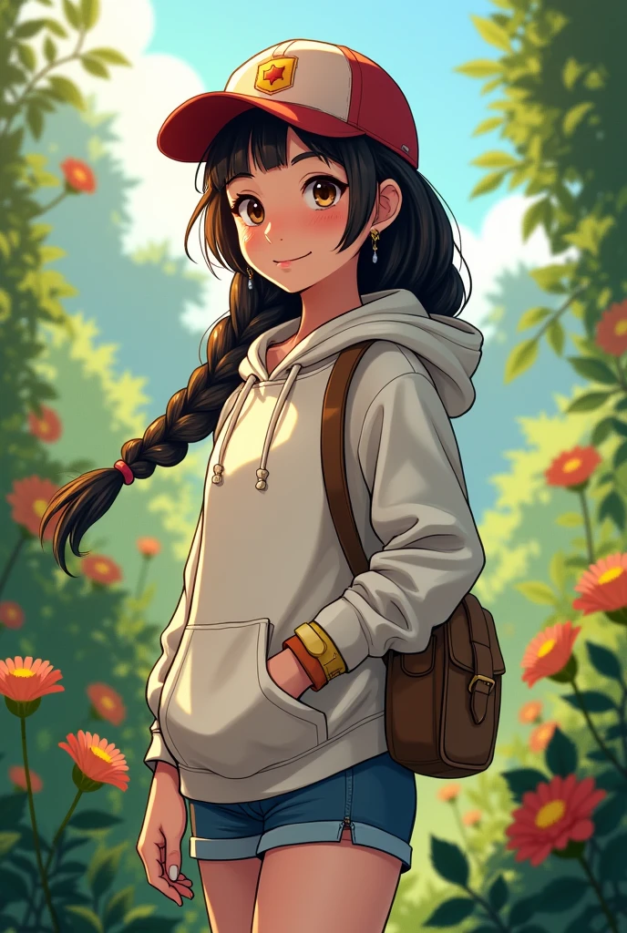 A girl wearing hoodie,with hair braided ,.without glasses, without earings, with a shoulder bag and a Wrist Band, wearing cap and also add a garden background 