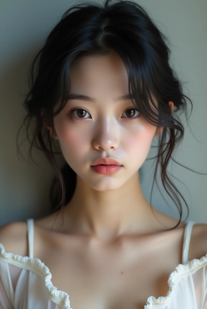 fille soignée est une belle femme japonaise et une belle femme russe métisse seulement au visage âge est de 17 caractéristiques de tout le corps cheveux noirs coupe de cheveux moyenne coupe au carré droite beau petit visage avec des cils courts yeux de garçon seulement nez haut pupilles bleu foncé lèvre supérieure très fine peau blanche laiteuse forme de corps précise et attrayante belle poitrine taille hanches cuisses genoux jambes tour de cou et cravate sur le cou chemise avec col relux sur le lit
