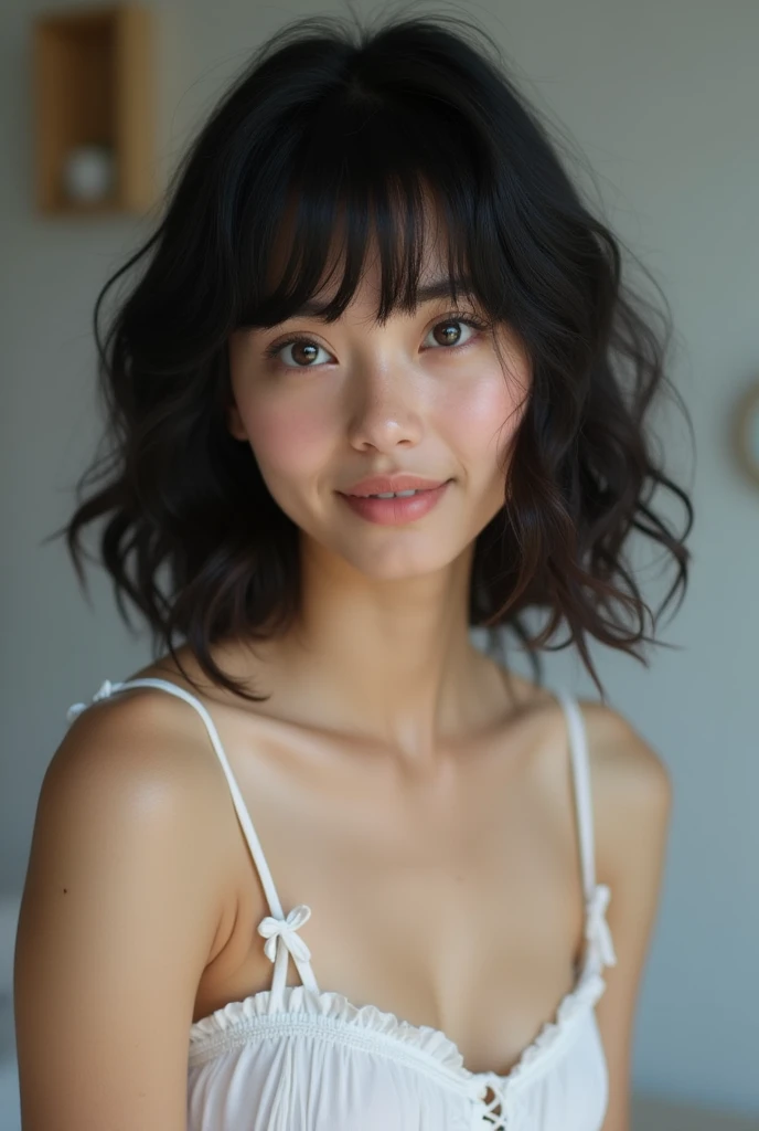 fille soignée est une belle femme japonaise et une belle femme russe métisse seulement au visage âge est de 17 caractéristiques de tout le corps cheveux noirs coupe de cheveux moyenne coupe au carré droite beau petit visage avec des cils courts yeux de garçon seulement nez haut pupilles bleu foncé lèvre supérieure très fine peau blanche laiteuse forme de corps précise et attrayante belle poitrine taille hanches cuisses genoux jambes tour de cou et cravate sur le cou chemise avec col relux sur le lit