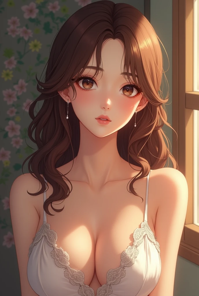 SNFW, (high resolution, Super fine,High Resolution, 8k, RAW quality), Photorealistic、Anime Style、(One Japanese woman, 30th Generation), (A dreamy face, beautiful, cute), (Chestnut Hair, Shiny hair quality, Wavy semi-long hair), (Brown eyes), (D cup size breasts), (Perfect proportions, Curvaceous),