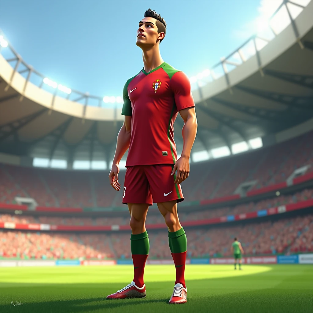 Generate a 2d animated picture of Ronaldo with a very long neck, slim legs wearing Portugal jersey in a 2d animated stadium