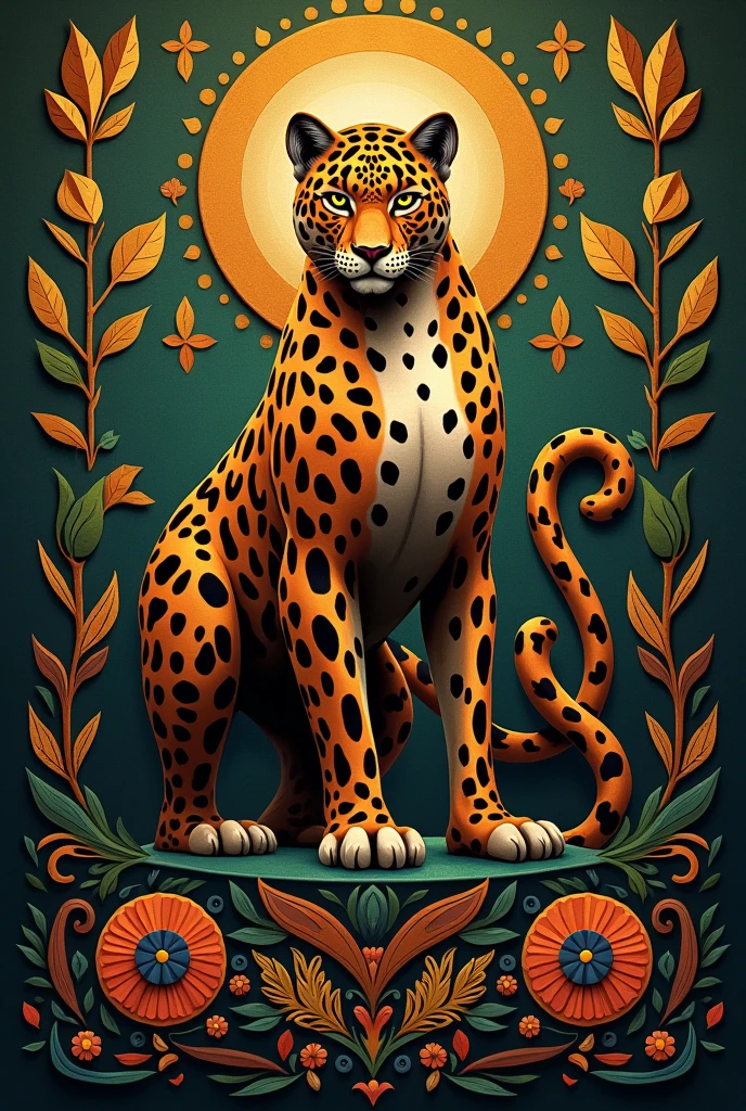 Create a flag coat of arms with a jaguar with the theme of Brazilian indigenous peoples in brown