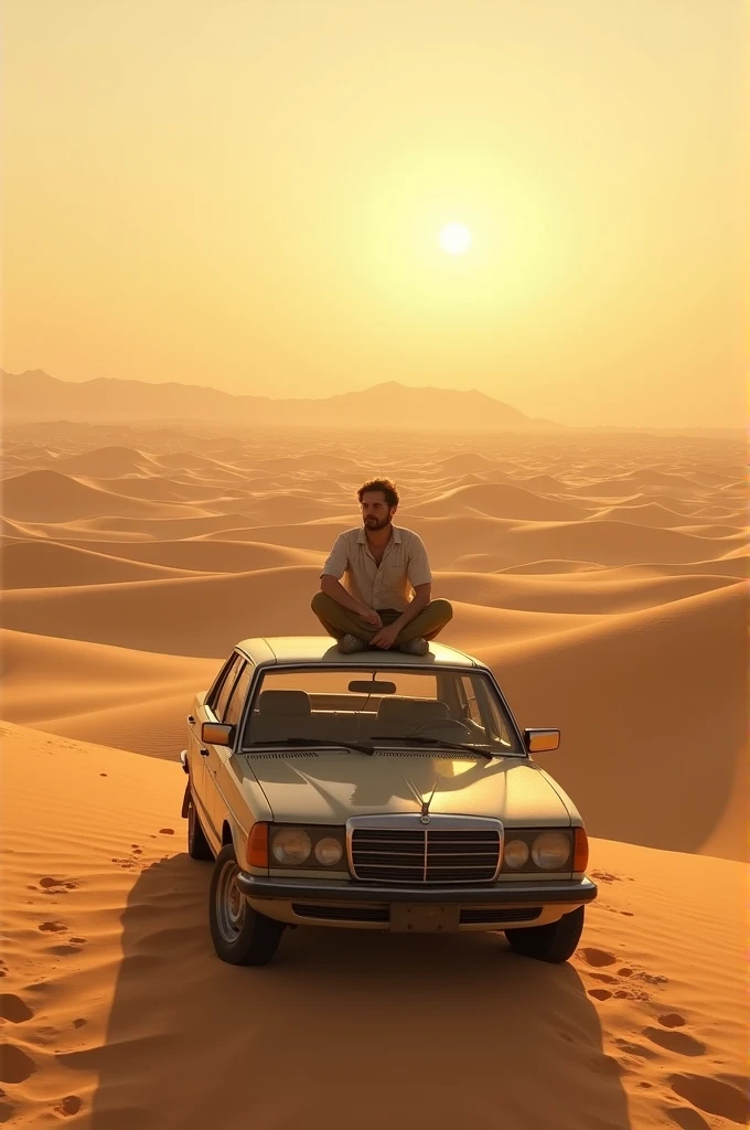 Draw a scene of a man sitting on top of a car in a vast desert landscape. The car is parked on the sandy terrain, and the man is waiting for someone. Capture the expanse of the desert with its rolling dunes and perhaps a distant, shimmering horizon. Show the man relaxed or looking out into the distance, dressed appropriately for the desert environment. Add details like a setting sun or distant mountains to enhance the scene, and use warm colors to reflect the desert’s heat and atmosphere.