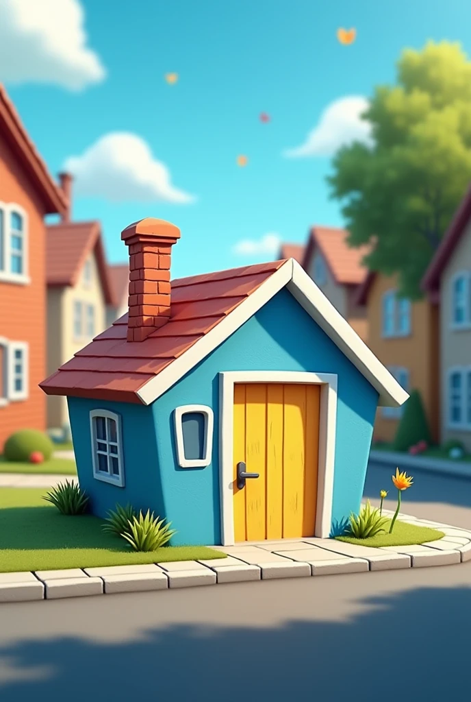 A small animated house in blue and yellow, surrounded by a street and other random houses.