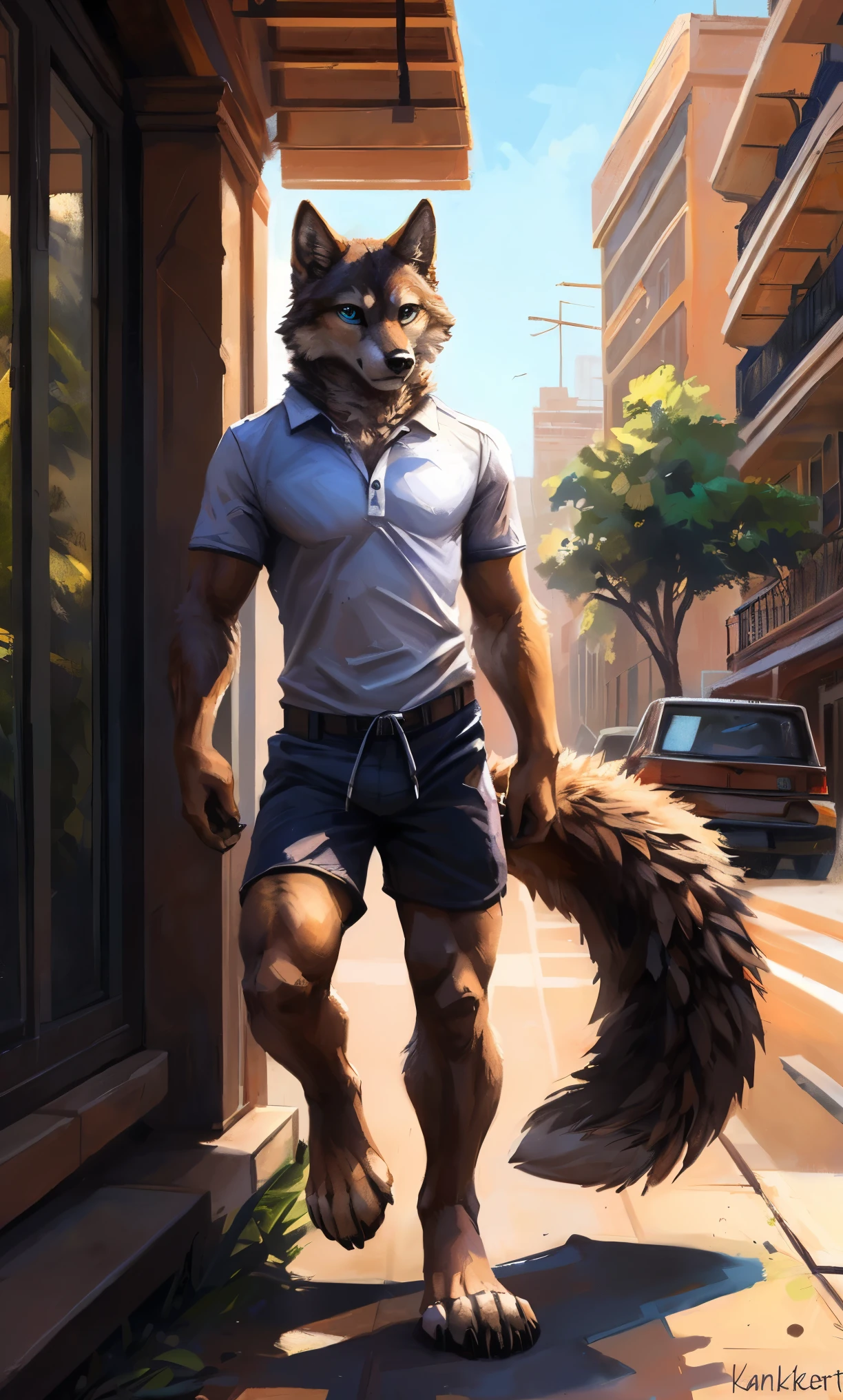 ((Solo)), male people, anthro wolf, (Multi-colored fur, White-brown:1.3,White tail pointed), (Height 2.1m,Tail length 1.2m), ((Wolf face, Big eyes, White eyelids, Blue pupil, Slim:1.2) (Tough, Calm expression:1.2)), Abs, Slim, pinging)), (Correct anatomy), (Work shorts:1.1), The upper body naked, (detailed outfits),A long big tail,Feet,(Realistic fur, Detailed fur texture, labeled:1.3)), (Natural lighting), Photorealistic, Hyperrealistic, ultradetailed, by Kenket,Modern city,erect through,Running on