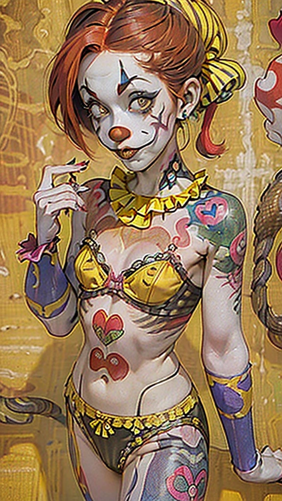 (masterpiece), (Highest quality), (Very detailed), (A redhead woman in her 30s with clown tattoos all over her body.)、Small breasts((Get a clown tattoo on your chest))、(Snake tattoo on arm)、(Wolf tattoo on his back)、((Yellow and black underwear))、Shooting from above、Full body portrait