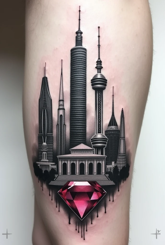 Tatouage style réaliste, en noir et blanc avec la tour 101 de Taipei, un monument qui représente Perth, un monument qui représente paris et un rubis caché en noir et blanc
