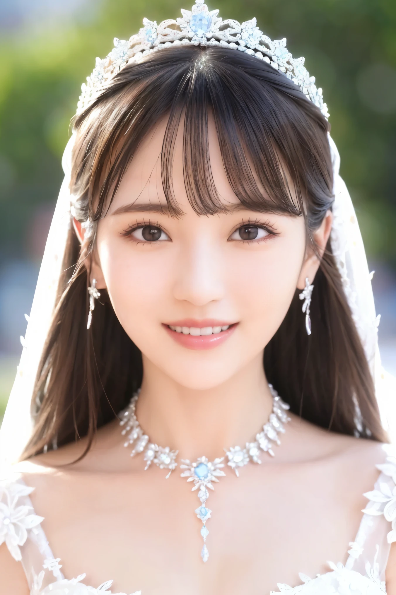 (Highest quality、Tabletop、8k、Best image quality、Award-winning works)、One beautiful bride、(alone:1.1)、(The most extravagant and gorgeous huge wedding dresses:1.1)、(Perfect Wedding Lace:1.2)、(The most extravagant and luxurious giant tiara:1.1)、(The most extravagant and luxurious giant necklace:1.1)、The most beautiful smile is looking at me、A wide selection of the finest jewelry、Perfect Makeup、Long eyelashes、Ultra HD Shining Eyes、Ultra HD Hair、Ultra-high resolution glossy lips、Ultra High Resolution Perfect Teeth、Beautiful face in ultra-high definition、(Accurate anatomy:1.1)、(Very bright and beautiful skin:1.2)、(very bright and vivid:1.2)、(Blurred fresh natural background:1.1)、Full body photo