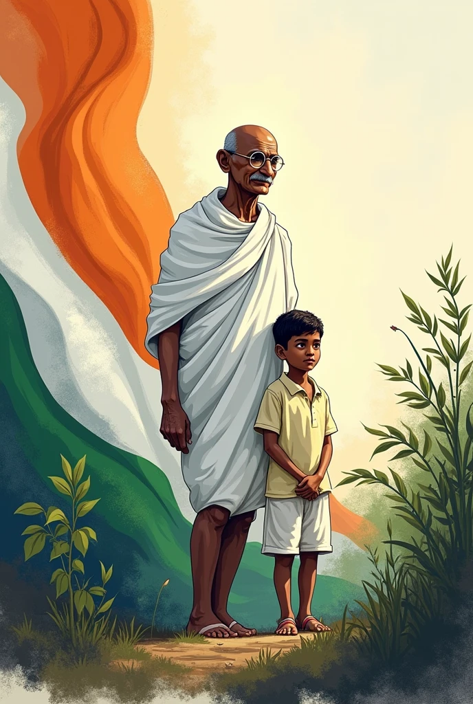 Patriotic drawings of india dark outline , mahatma gandhi , boy , flag , orange , white , green , nature , devoted, love