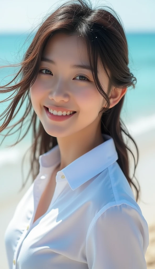 ((Highest quality、Tabletop、8K、Best image quality、Extremely intricate and detailed))、(1 person photo:1.1)、(Look at me with your best smile:1.1)、(Beautiful beaches:1.1)、(White polyester high short sleeve collar shirt:1.1)、(The perfect short sleeve collared shirt:1.1)、Accentuate your body lines、The most natural and perfect sea background、最も澄んだBeautiful sea、(Very large breasts:1.1)、(Face close-up:1.2)、Attractive body、Hair swaying in the wind、Sandy Beach、Beautiful sea、The clearest and most shining sea、Complex sea glow、The most detailed and realistic ocean、Beautiful seaの詳細が描かれています、(Very brightly lit face:1.2)、Ultra-high definition beauty face、(Ultra high resolution perfect beautiful teeth:1.1)、Ultra HD Hair、Ultra-high definition sparkling eyes、(Pure white skin shining in ultra-high resolution:1.2)、Ultra-high quality glossy lips、The cutest gravure pose、(Very bright and vivid:1.2)、(Very bright:1.2)、(Very refreshing:1.1)、(Glowing white beautiful skin:1.2)、(Very strong exposure:1.2)、(Pure white skin that shines Very brightly:1.2)、(Very strong highlights:1.2)、(Very bright and glowing skin:1.2)、Blurred Background