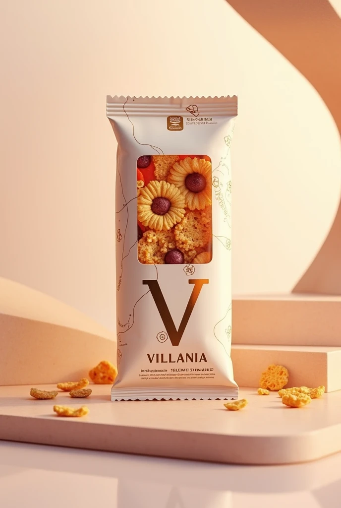 Make an image of a cereal bar with Villania brand packaging featuring a V logo