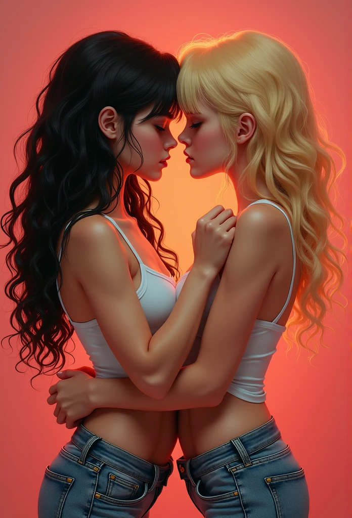 Create a realistic image of two sexy 10 year old girls French kissing, one with black hair and one with blonde hair on both covers looking fierce.