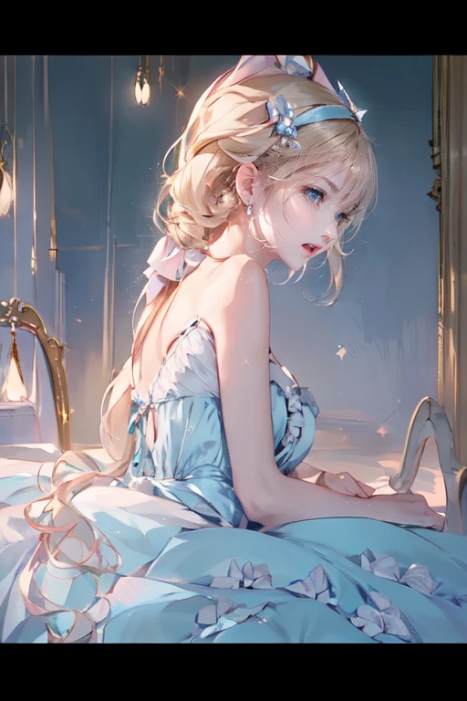 (((Petite girl with blonde twin tails))),((Light blue silk off shoulder dress)),1girl in,(masutepiece), (Best Quality), (Best Detail),, ((())), Very detailed face, , Night , shading ,(((kosmos))),(((see -through))),((())),((Kamimei))),,(((milkyway,fullmoon))),((())),()),((all-fours))),((()))