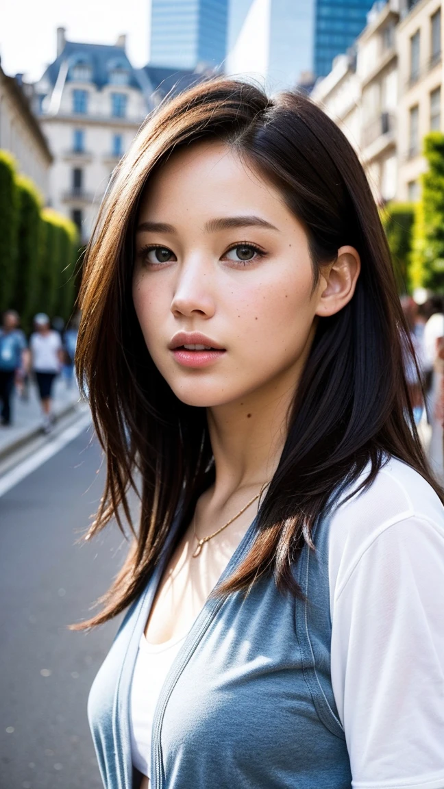masterpiece, transition to the streets of Paris in the middle of a sporting event of the 2024 Olympics, a lone figure walking through the crowd, A beautiful 32-year-old American woman emerges wearing casual chic summer clothes, White skin, by rubio, gray blue eyes, Freckles in the face, Skinny body, small breasts, Very detailed face, ultra realistic face, very beautiful face, Clean but curious face, tourist clothing with accessories such as a backpack and a map, surrounded by iconic Parisian buildings and Olympic banners, 16k, ultra high resolution. photorealistic, HD, raw, DSLR, with the face of Jennifer Lawrence.