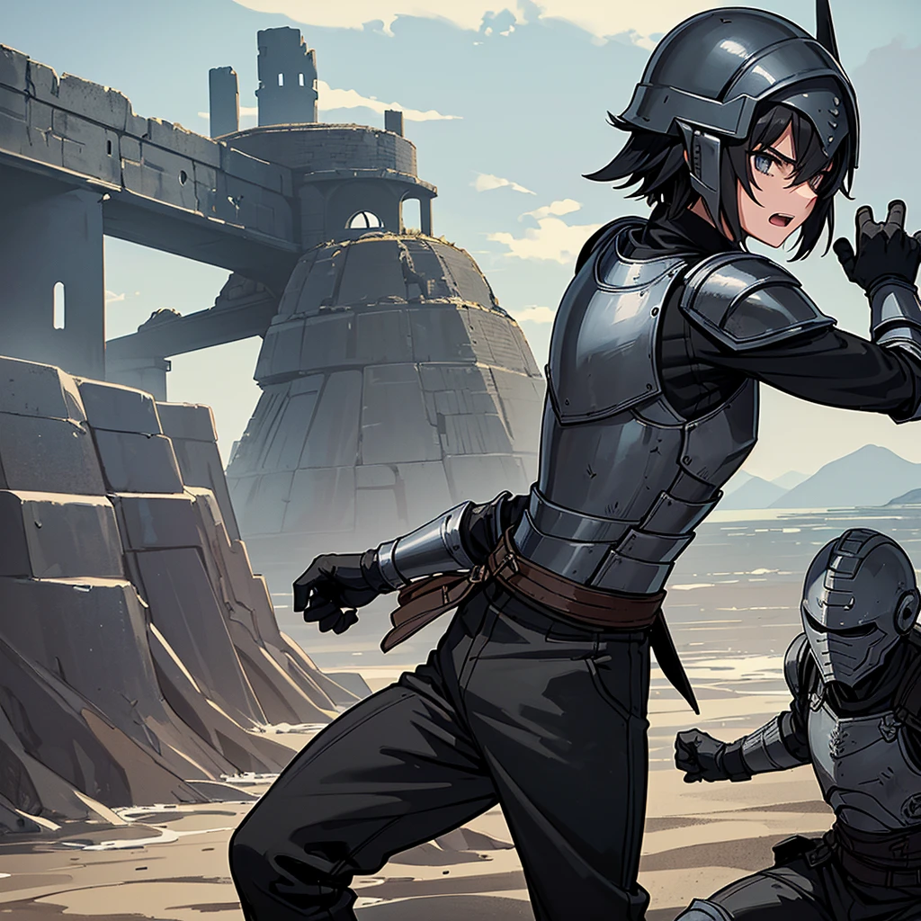 Best illustrations、Best Quality、(((Gray simple armor、Black trousers、Black gloves、Short Hair、Black Hair、20 year old man、Iron Helmet、Iron helmet)))、(((Fighting Pose)))、(Old ruins、desert。Grass)、(Masked Knight)、(Black, muddy swamp)、(Medieval Knight)、(Close your eyes、get annoyed、Open your mouth、Get angry、Sweat)、battlefield、(From the back)、Sea of mud、Black Sea