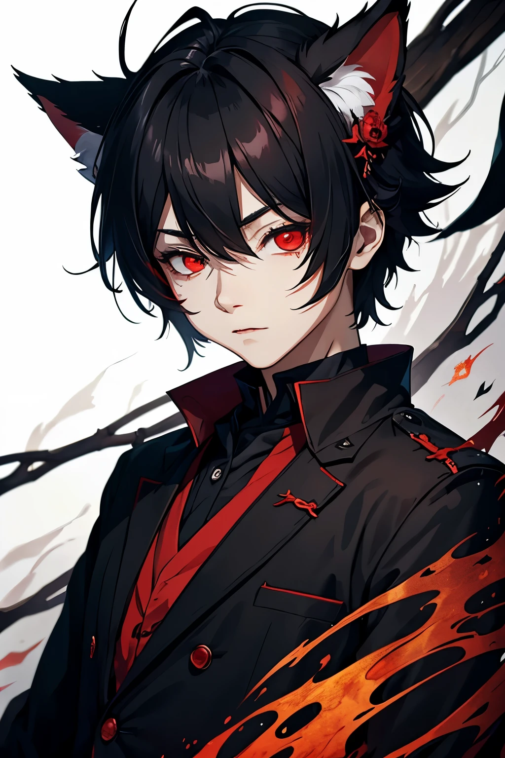 a hybrid of kitsune and vampire who lives in a forest, He is 12 years old, red eyes that express emptiness.