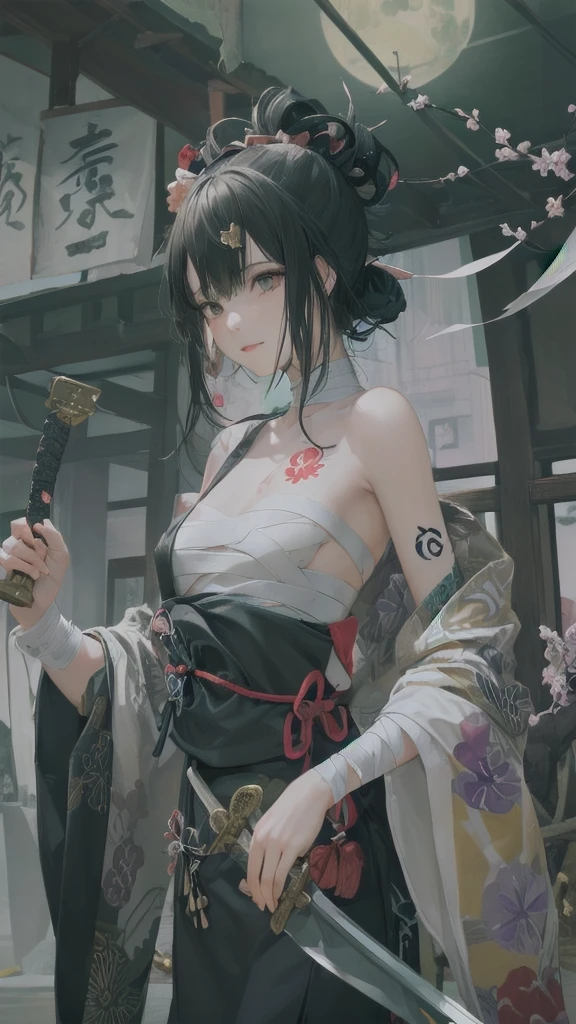 (((((roll up bandage sideways on a  chest tightly to cover the chest without gaps))))),  (((bandage samweways))),, ((Japanese Gangster BOSS)), adult woman with the dignified presence, Killing Qi, wear nothing around shoulder, wear nothing around neck, wear the kimono, wear it below the waist, (I wind it up to control it, and to attach it),  ((kimono come off)) ,wear the kimono multiple times, Bare shoulders and the clavicle, black and gold kimono, put on over jacket of kimono, (holding a japanese sword which shine in purple, The handle of the sword is black, and the blade is gray, long sword), eye fire, low angle, whole body, anime character, Glaring, off sholder, nappropriate smile, Excellent, black blue hair, can see both shoulder, ((long kimono hem)), small face, ((some cherry blossam big tattoo on the arm)), ((background Japanese gate with circlr mark)),muscular,drink sake,fullmoon in the sky, The kimono is spreading,(((ultra-detailed))),super beautiful,Masterpiece,Killing Qi,Intimidation,zoom up, a person,Selfish person,in japanese veranda,Increased Shading,Clean up your colors,Increase tint