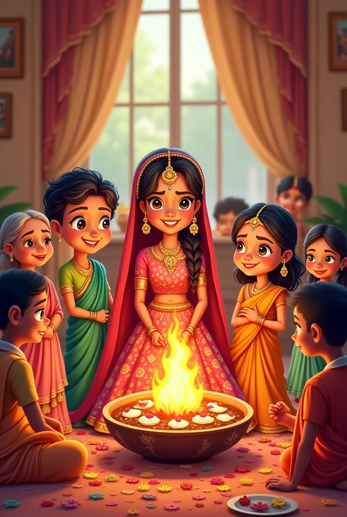 Bride Photo with her family at marriage havan kund cartoon
