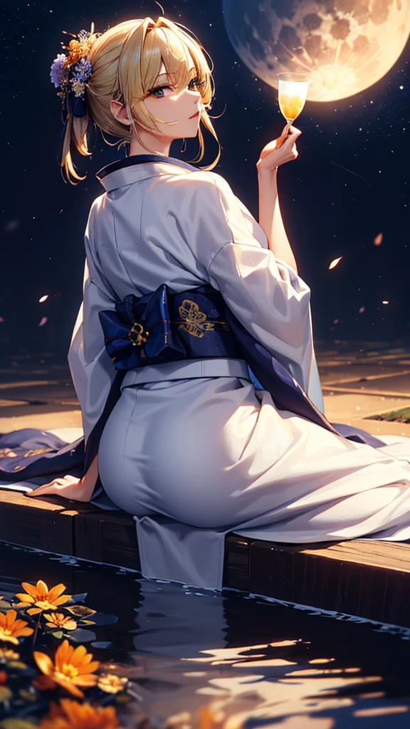 masterpiece, high quality, 4K, Beautiful design, silhouette,blonde, 非常に詳細な夜のStarry Sky,Flower Field, wonderful, Finer details, Very knowledgeable woman, Highly detailed solo, 1 female,Big Breasts,Butt Emphasis,Yukata in white color,Night view,Starry Sky,full moon,How to sit,Tsukimi sake,Evening drinks,