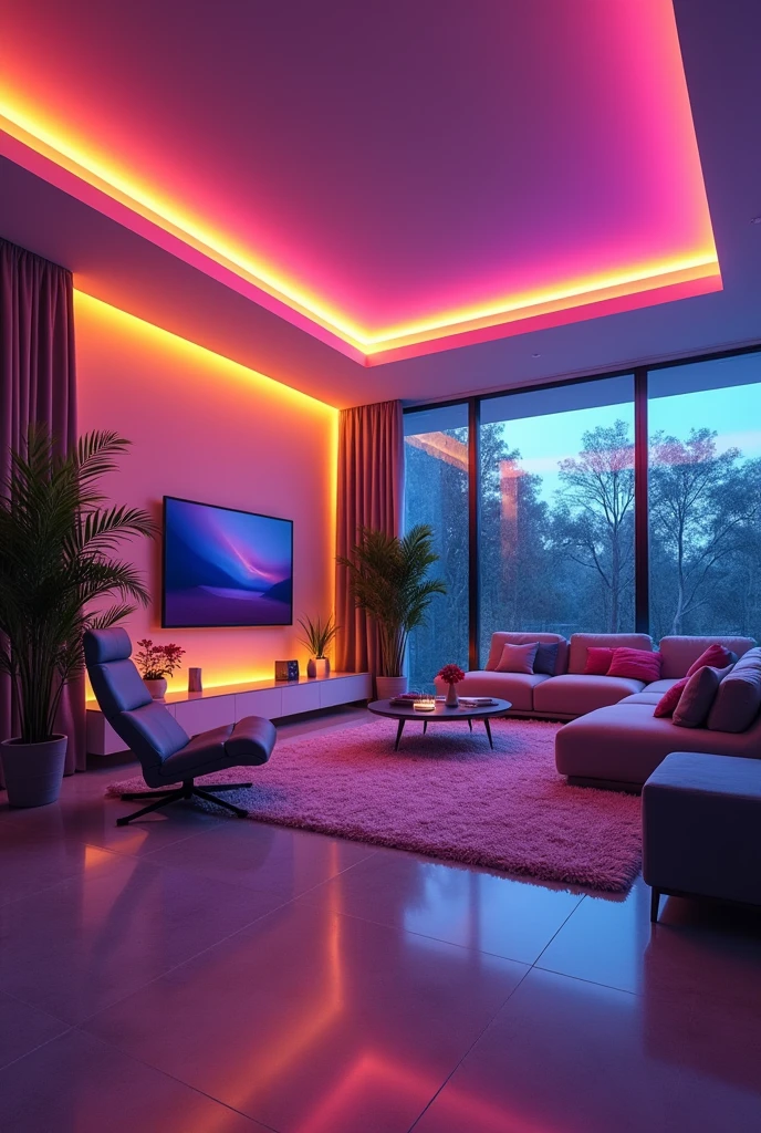 masterpiece, Excellent, +masterpiece, best quality, 1.RGB light strip atmosphere light，2.Modern living room，3.Wide Angle，4.Ultra-high detail