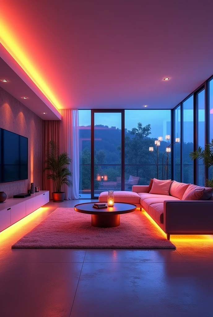 masterpiece, Excellent, +masterpiece, best quality, 1.RGB light strip atmosphere light,2.Modern living room,3.Wide Angle,4.Ultra-high detail