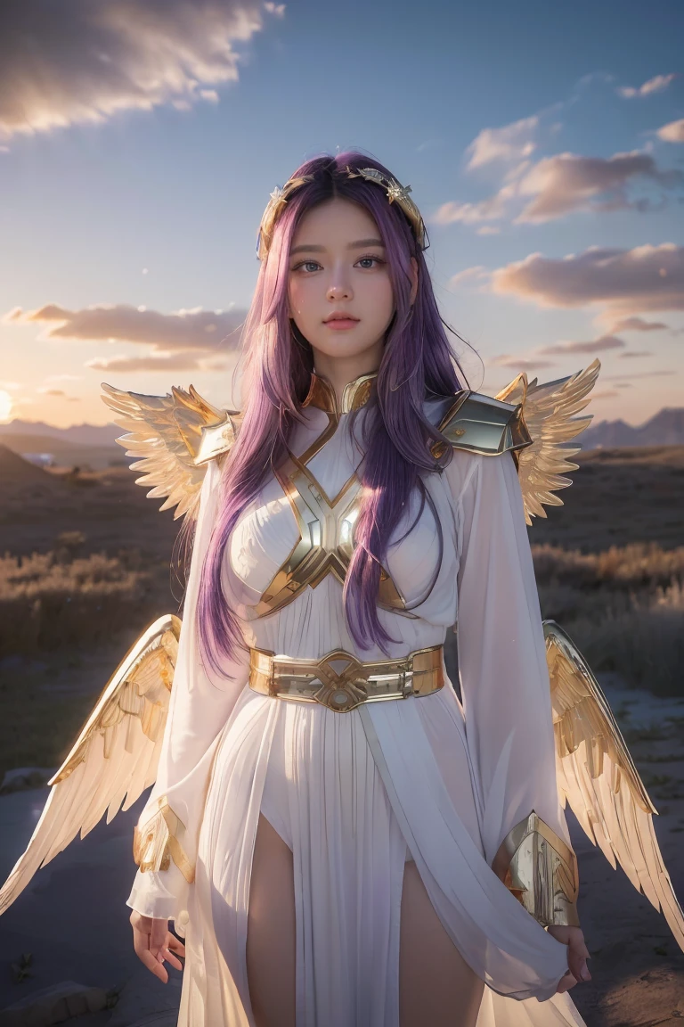 ((masterpiece, best quality, extremely detailed), volumetric lighting, ambient occlusion, colorful, glowing),
1girl, solo, young girl, (purple hair), long hair, halo, aura, sacred, goddess, cleric suit, (white outfit with gold detailst:1.3), angel wings,
outdoors, sunset, sky, clouds, space, (fantasy theme:1.2),