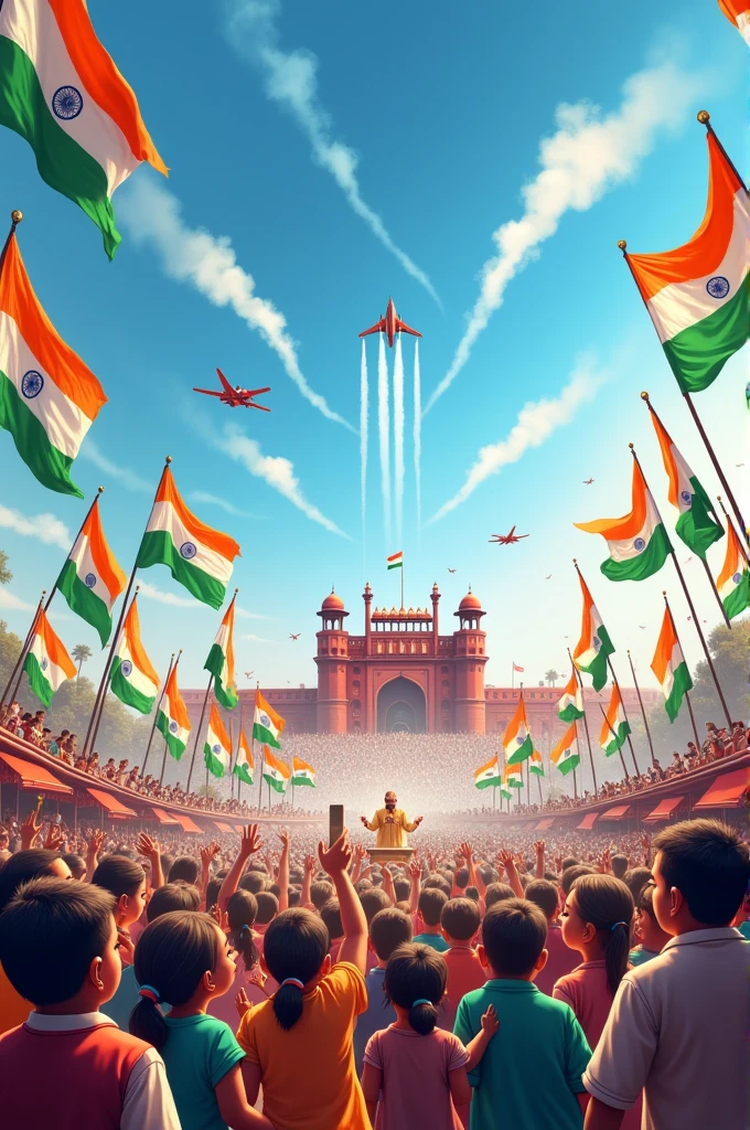 "A vibrant Indian Independence Day celebration set against the backdrop of a clear blue sky. The scene is filled with fluttering tricolors, symbolizing the Indian flag, displayed on tall poles and held by enthusiastic people of all ages dressed in traditional Indian attire. In the foreground, children and adults alike are enjoying the festivities, waving small flags, and wearing tricolor-themed accessories. The atmosphere is filled with a sense of unity, pride, and patriotism. A grand parade is taking place, with colorful floats representing various states of India, each adorned with cultural symbols, dancers, and musicians. In the background, an iconic historical monument like the Red Fort is visible, where a leader is giving a speech, while jets fly overhead leaving trails of saffron, white, and green smoke. The overall mood is festive, joyous, and deeply patriotic, reflecting the spirit of India’s independence."
