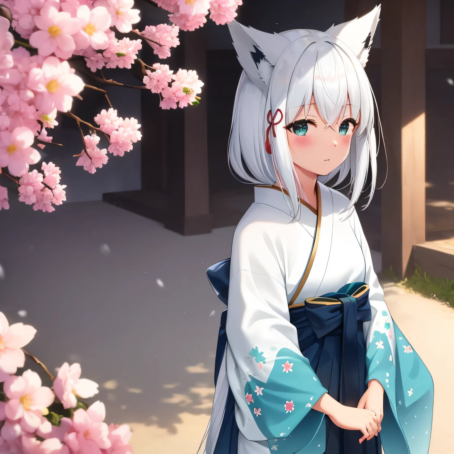 masterpiece, best quality, fubuki, fox ears, 1girl, solo, blush, hair between eyes, ((white kimono clothes)), japanese temple, outdoors, date, extremely detailed 8K, smooth, high resolution, ultra quality, cinematic lighting, ambient occlusion, hd, 2k, 4k, 8k, 16k, extremely detailed anime, detailed faces, perfect composition, wide shot, atmospheric lighting, 