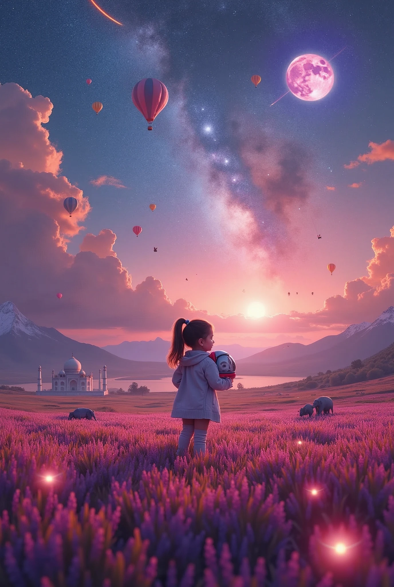 Vast landscape photography , (A view from Top, floating clouds above and the North Indian wide fields below), A girl standing in a colour pencil field looking up, the sky is reflecting bright glowing soft Galaxy, she is holding an Astronaut Mask, surrounded by colorful hot air balloons, (Elephants dressed as clowns: 1.9), (Flying cats: 1.9), (full beautiful moon:1.2), (Taj Mahal:2.1),(Kutub Minar:1.2)( shooting star:1.9), (nebula:1.3), Distant Mountain, Tree break Production Art, (Warm light source:1.2), (fire Fly:2.2), lamp, Lots of purple and orange, Intricate details, Volumetric lighting, Realism Break (masterpiece:1.2), (highest quality), 4K, Super detailed, (Dynamic configuration:1.4), HD Pixar detailed, Colorful details,( Rainbow-colored:1.2), (Shining Lights, Atmospheric lighting), dream-like, Magic, (alone:1.2), Detailed girl face