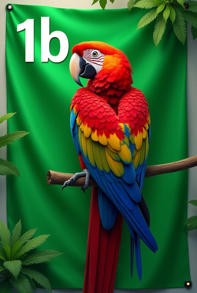 Green flag with a macaw in the center written 1b on the side