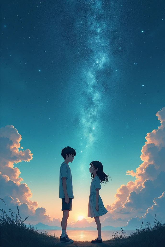 "Two agers, a boy and a girl, standing on opposite sides of a surreal, dreamlike background with cosmic space and Makoto Shinkai anime background. The boy is looking up with a longing expression, while the girl is gazing down with a melancholic smile. The atmosphere is ethereal and nostalgia and separating and longing to meet each other The style is reminiscent of Makoto Shinkai's anime films, such as 'Your Name' or 'Weathering with You'."