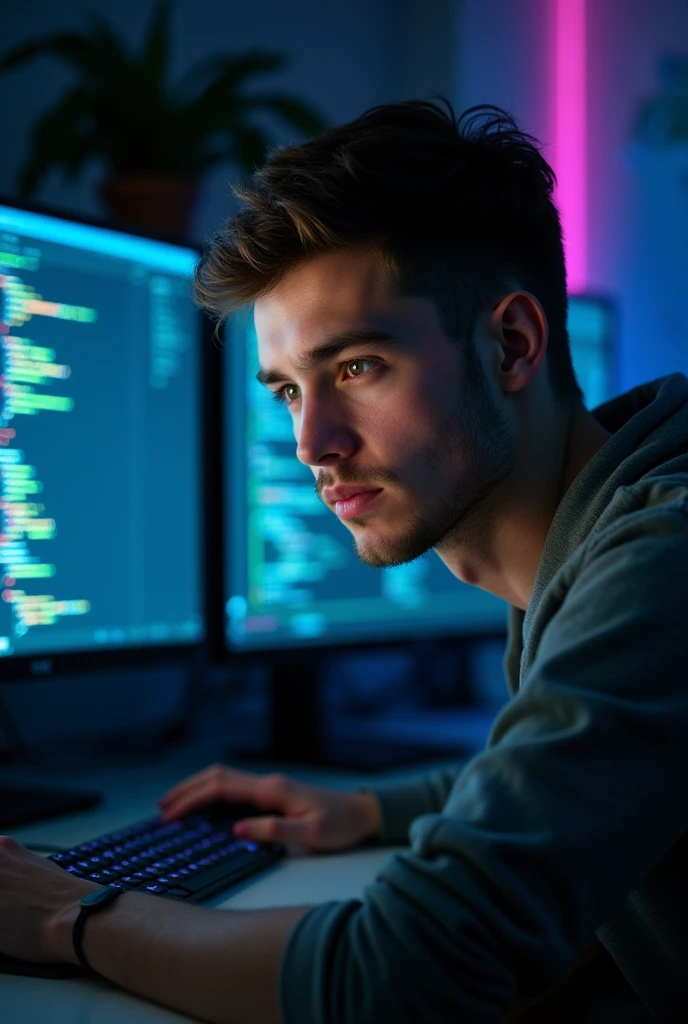 A focused 25-year-old programmer, immersed in crafting elegant code solutions, is captured in a candid shot. The room, a reflection of his digital world, is filled with the glow of multiple monitors and the gentle hum of technology. Behind him, the intricate logic of his code, including functions for sorted and unsorted array insertion and deletion, is displayed prominently. This image encapsulates the dedication and problem-solving mindset of a software engineer.