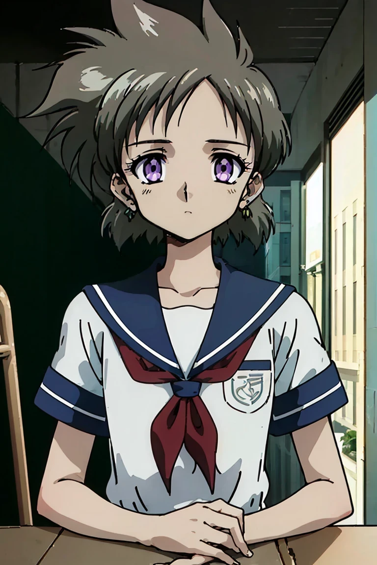(masterpiece:1.3),(highest quality:1.4),(Super detailed:1.5),8K,High resolution,(an extremely delicate and beautiful:1.8),Official Art,Perfect Anatomy,(90s Anime,90s Anime style,Cel-shaded anime:1.17),(anime screencap,anime coloring:1.5),(anmnr:1.17),((kii_mima:1.52)),(Cool grey hair,purple eyes:1.7),(empty eyes:1.25),((looking_at_viewer:1.5)),((school uniform:1.25)),