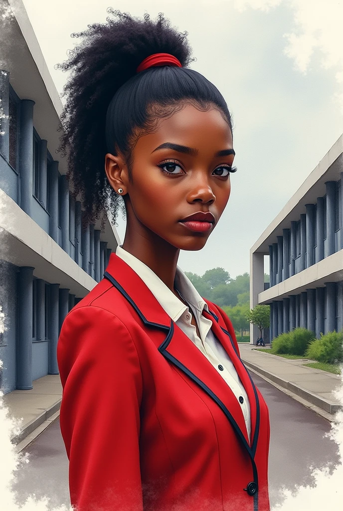A black 16 yr old girl wearing red school uniform looking determined and her natural hair is tied in high Ponytail.the background is a modern school building and the image is watercolor painting the aesthetic is dark academia