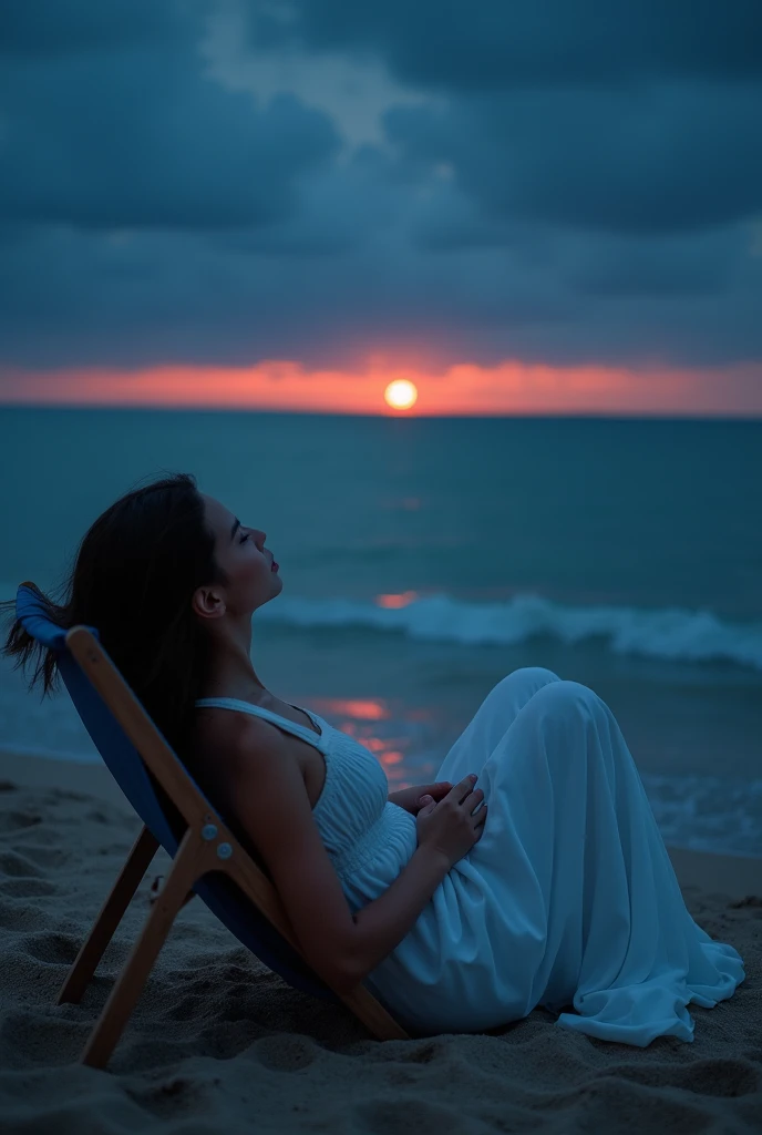 (Front focus), (masterpiece, top quality, the best, official art, Beauty and Aesthetics: 1.2), 1 girl lying on beach chair look up at the night sky, sad, Sitting by the sea, beach, night, look up, Sunset, Sunset, Looking at the sky absentmindedly, Wear a long skirt, White long skirt, (Half-length photo: 1.5), dynamic poses, original photo, contemporary aesthetics, Bright light, Backlight, original photo, sharp focus, realistic feeling, movie lighting, Volumetric lighting,