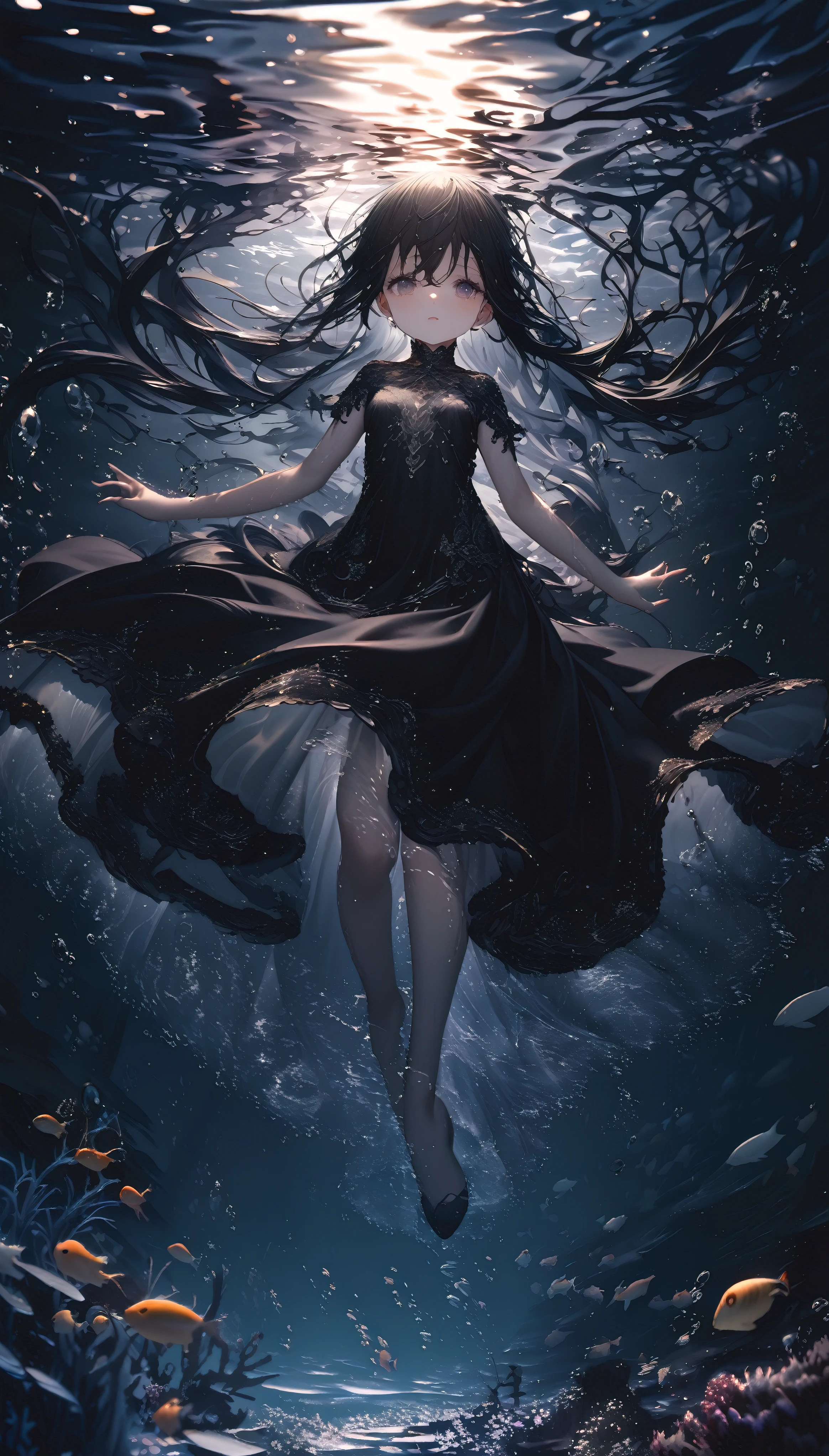 (full body), (solo), (A 7-year-old girl:1.2), (very young little girl), loli, (Solo), (small breast), (wide angle), raw photo, Aesthetic, Convoluted, Awarded, chiaroscuro, Best Quality, Detailed background, (underwater atmosphere:1.2), (underwater photo, floating drowning:1.1), ((Girl in very long black dress:1.2)), (very wet dress:1.1), detailxl, As the tempest rages overhead, the world is painted in a monochrome dance of silver and darkness, the rain a relentless symphony of nature's power. Amidst this deluge, a young girl emerges, her silhouette a stark contrast to the storm's fury. She is adorned in a black sheer transparent long skirt, a garment that whispers of mystery and allure.

Submerged in the water, the skirt takes on a life of its own, a dark, flowing silhouette that moves with the grace and fluidity of the deep. The black fabric, once a stark contrast to the world above, now becomes a part of the underwater realm, its transparency allowing the subtle play of light to filter through, casting shadows and highlights that dance around the girl.

The skirt's transparency allows the water to become a second layer of the garment, the fabric clinging to her form like a second skin, revealing and concealing in equal measure. The darkness of the fabric contrasts with the clarity of the water, creating a visual illusion of depth and dimension that adds to the skirt's allure.

As the skirt moves with the water, it creates a sense of motion and flow, the fabric rippling and swirling around her like a dark current. The hem of the skirt sways gently, brushing against the underwater terrain, leaving a trail of disturbed sediment in its wake, a testament to the skirt's passage through the depths.

The black sheer fabric is adorned with subtle details that become more pronounced underwater. Perhaps there are delicate patterns or embroidery that shimmer in the refracted light, adding a touch of elegance and sophistication to the skirt. These details are like hidden treas