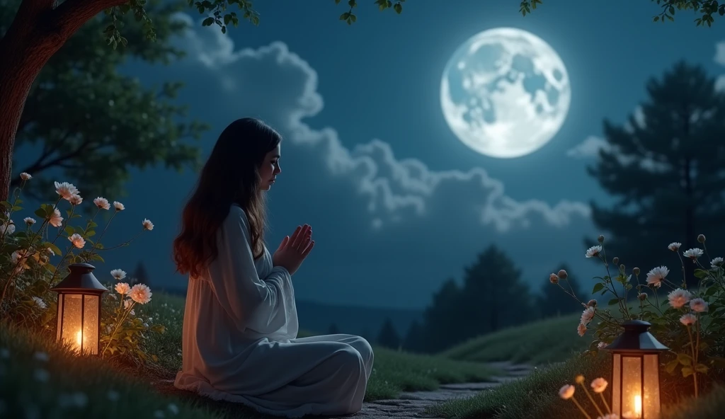 Create a highly realistic image of a woman praying in a serene garden at night. The scene is illuminated by the soft, silvery glow of a beautiful, full moon, casting gentle light over the lush, tranquil garden. The woman is depicted in a posture of deep reverence and adoration, with her hands clasped and head bowed. The garden features blooming flowers and softly glowing lanterns, enhancing the sense of peace and worship. The overall atmosphere is one of quiet devotion and awe, reflecting a deep connection with God under the enchanting night sky