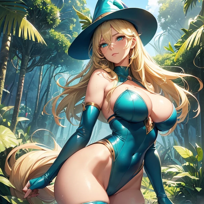 High Resolution, Masterpiece, HD, High Quality, Best Quality, Anatomically Correct, Minimalism, Digital Art, Soft Lighting, Anime Style, Glowing Light, Cowboy Shot
{{46 years old adult woman milf warrior: ((absolute feminity and physical beauty, beautiful Aqua Eyes, thin lips, Closed Mouth, Light Smile, golden Blonde Long Hair, blonde Ahoge, Large breasts, voluptuous feminine body, beautiful arms, beautiful hips, tall body)(blue Forehead jewel, pink heart shaped Hair Clip, darkblue pointy Witch Hat, blue bodysuit, green wristbands, green long boots, giant silver claymore sword), (Tsundere, confident demeanor, protective and lovely personality, carefree, standing firmly and relaxed), (tropical village, tropical jungle, green rainforest, steel-made rounded village houses, sunny morning, large jungle trees around))}}